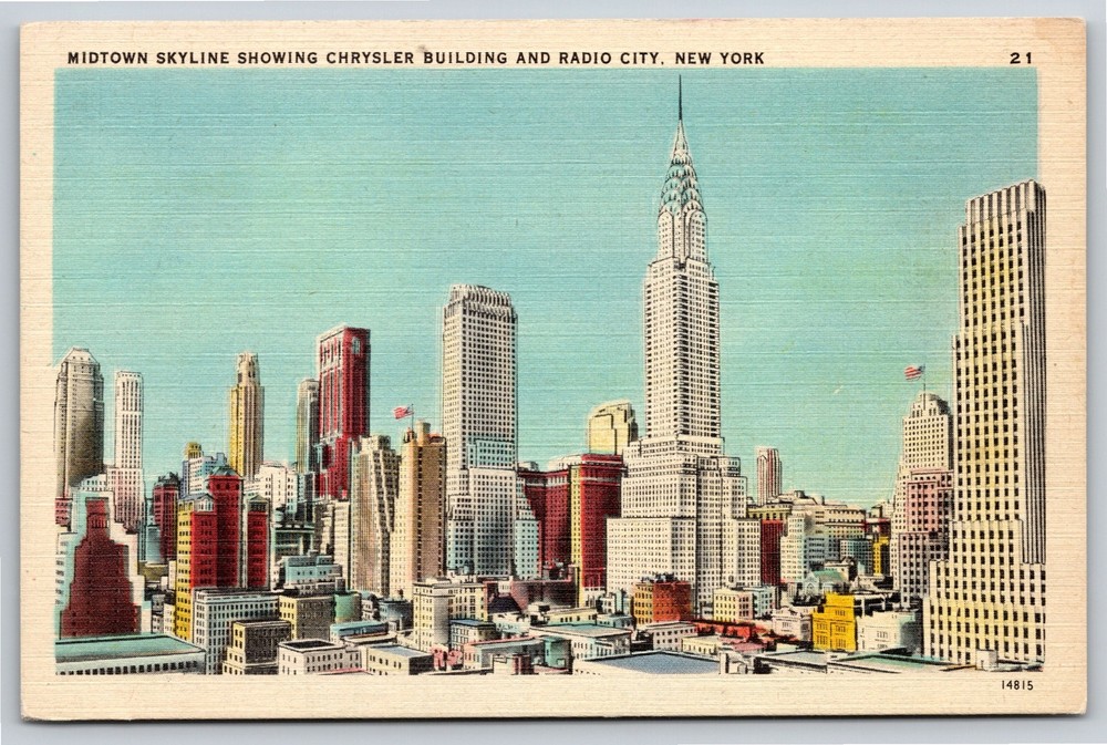 New York City~Midtown Skyline Showing Chrysler Bldg & Radio City~Vtg Linen PC