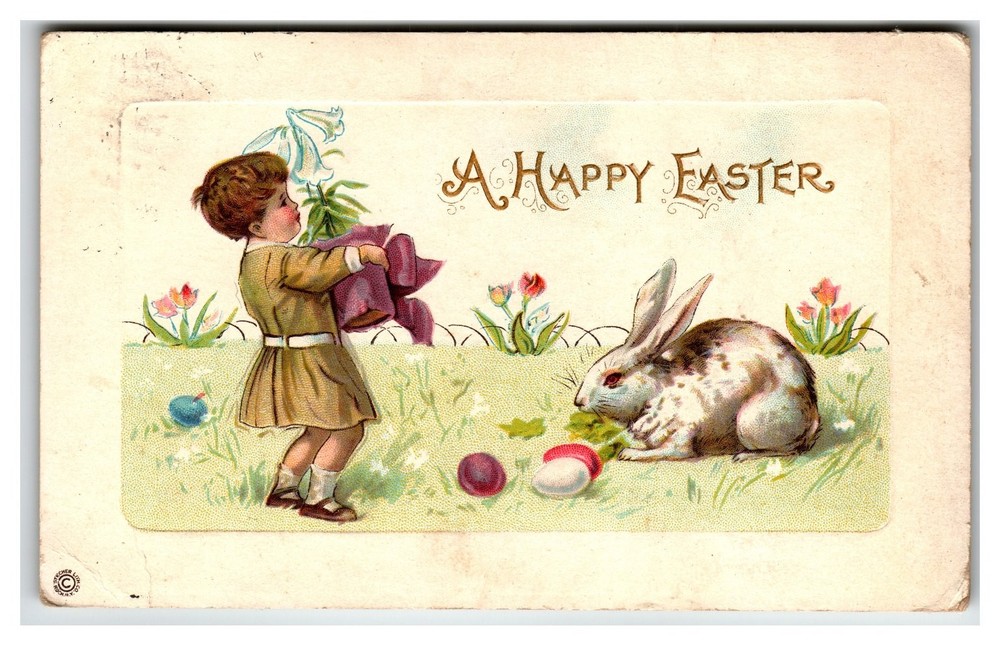 Vintage 1916 Easter Postcard Boy Bunny Eggs Flowers Embossed