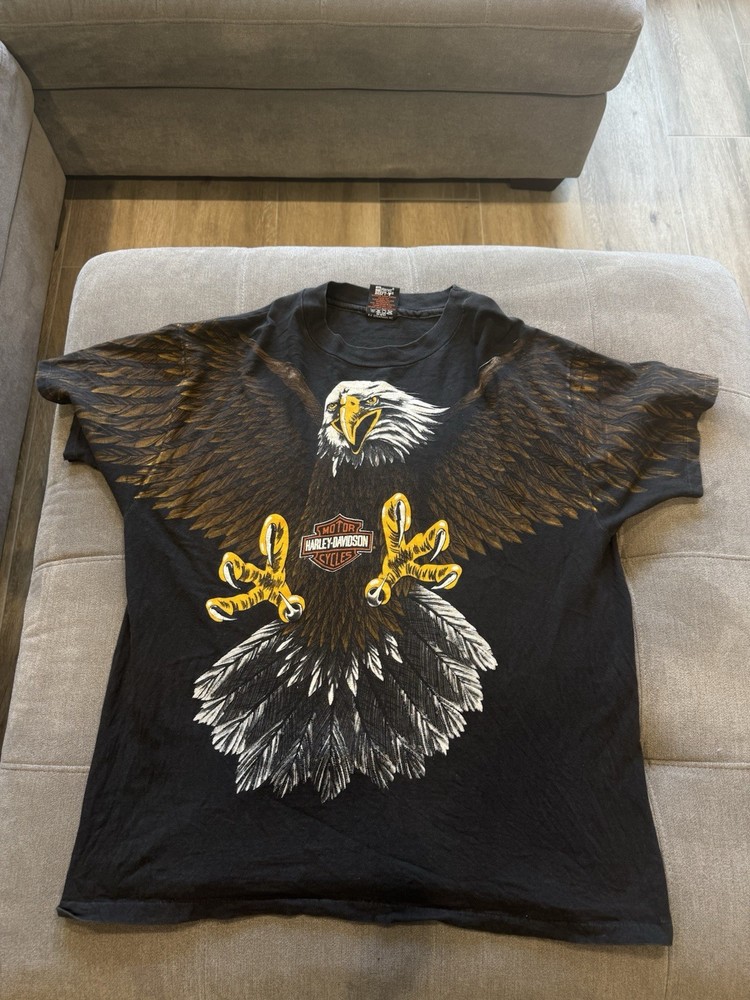 VTG Harley-Davidson 1993 AOP Screaming Bald Eagle Men's BLACK T-Shirt XL  USA