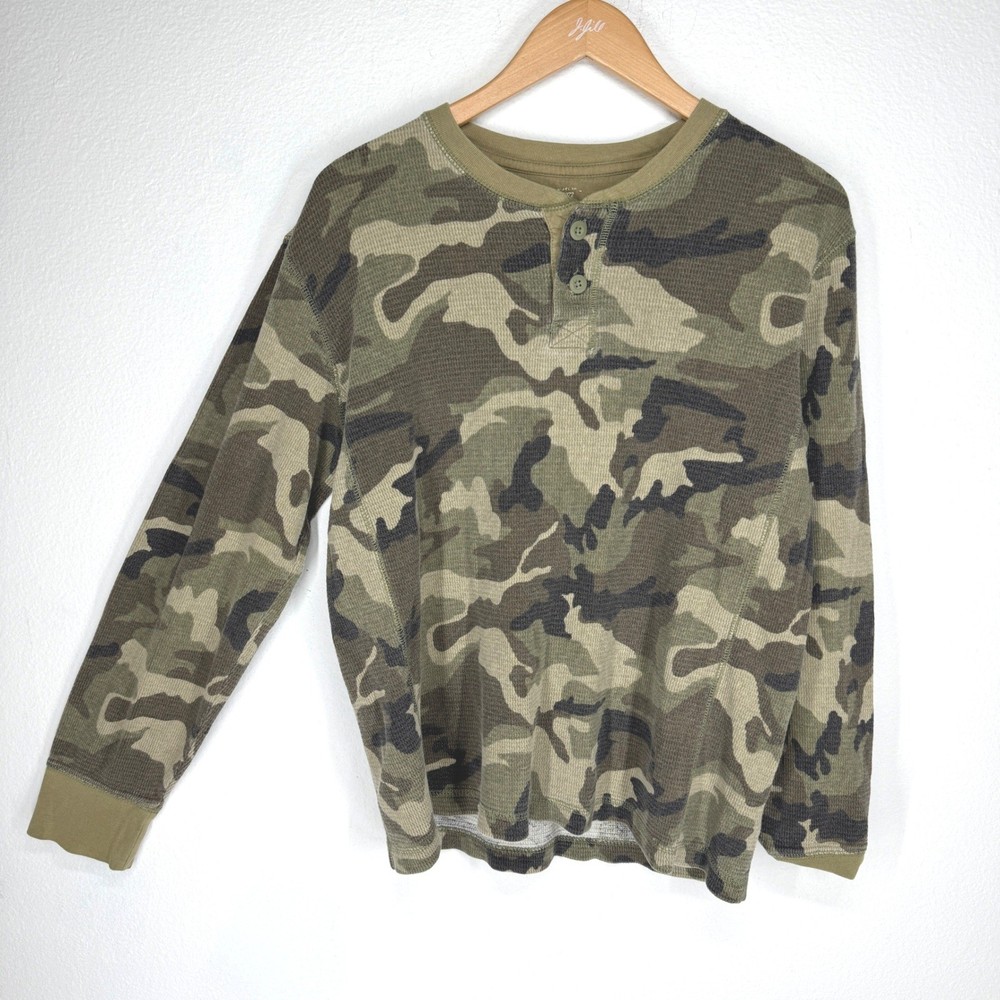 Faded Glory Mens Camo Waffle Knit Henley Shirt Green Long Sleeve Medium Thermal