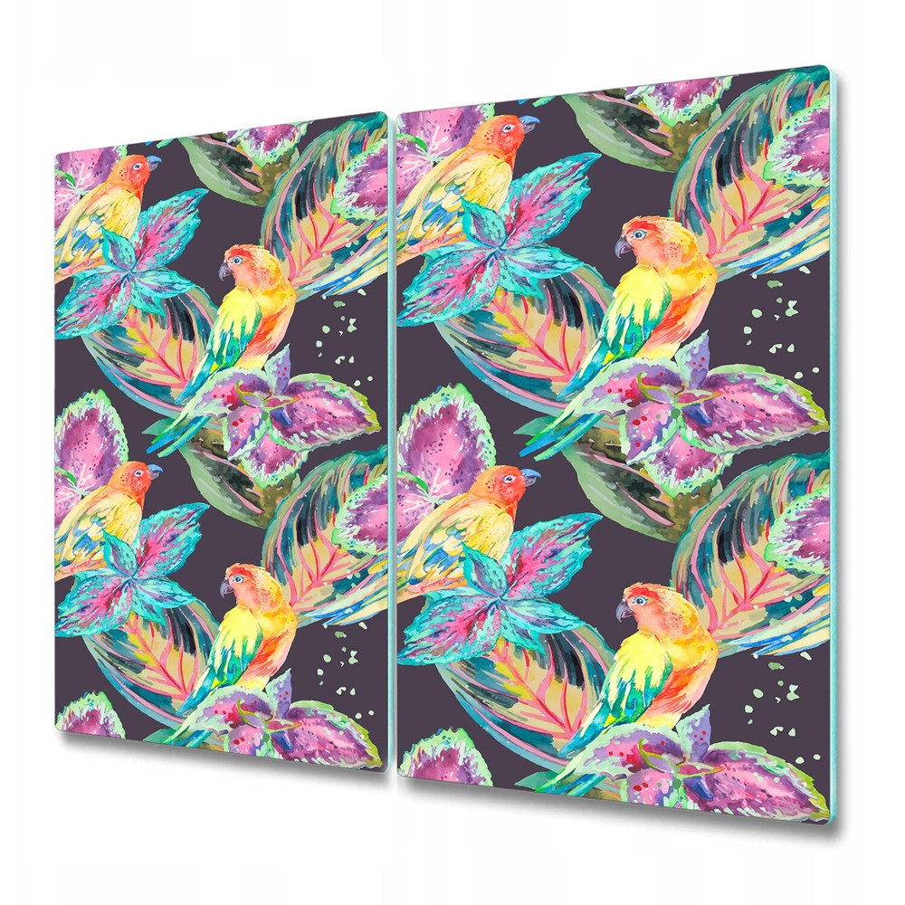 Glass Worktop Saver featuring vibrant watercolour parrots in green and purple hues for a colourful kitchen accent