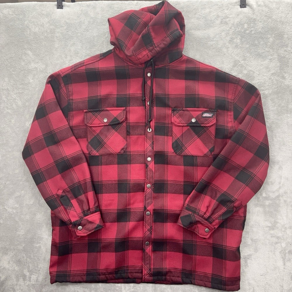 Dickies Hooded Jacket 3XL Red Black Plaid Fleece Lined Snap Button Coat