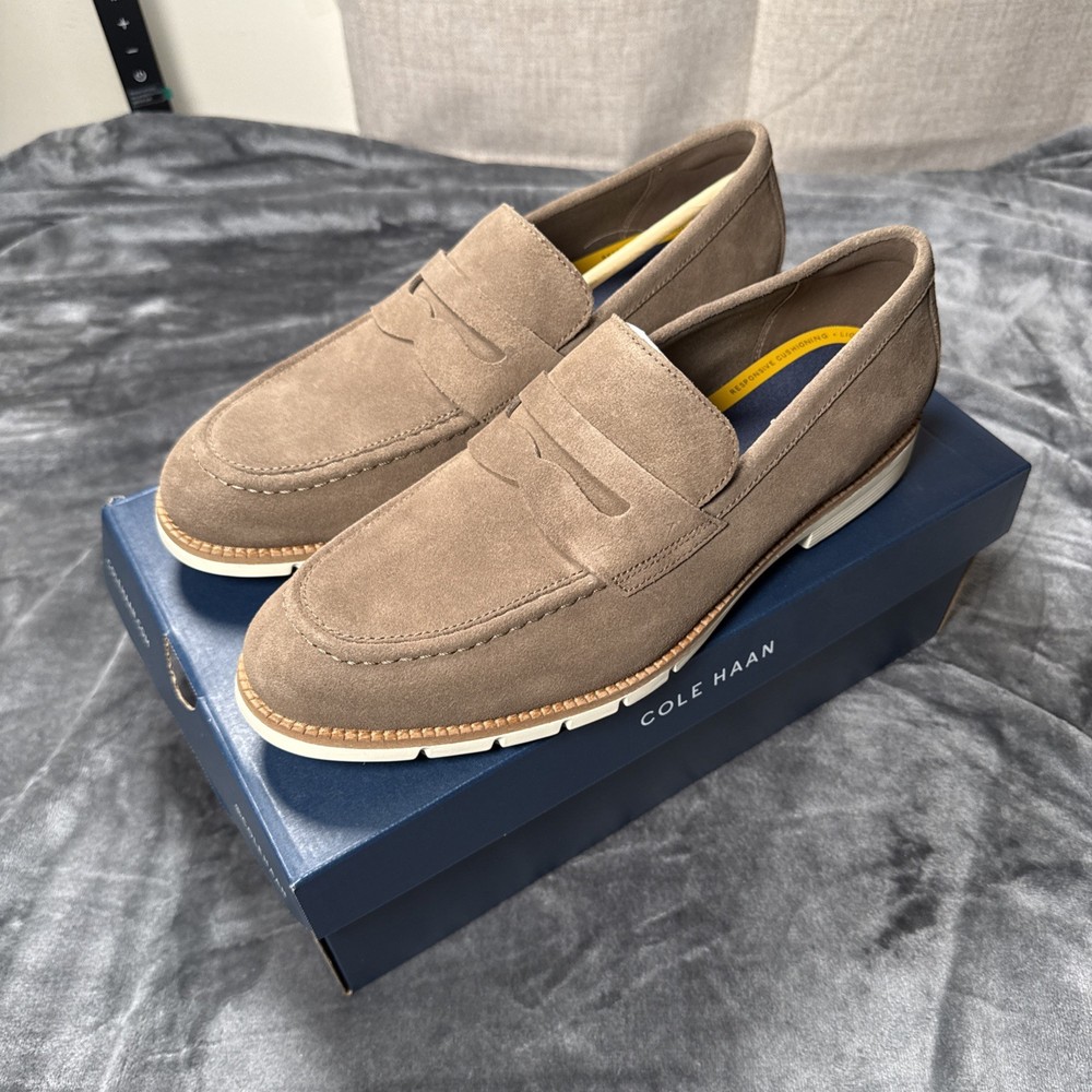 Cole Haan Mens Suede Penny Loafers Size 10.5 Truffle Suede Ivory C41635 Dress