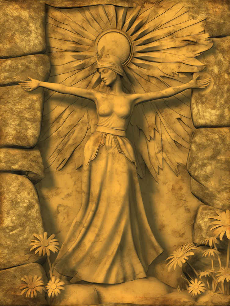Sun Goddess Woman Carved Stone Relief with Flowers Poster 18x24in