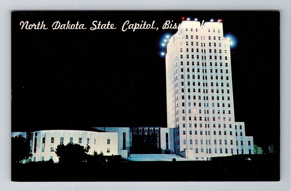Bismarck ND-North Dakota, State Capitol at Night, Antique Vintage Postcard