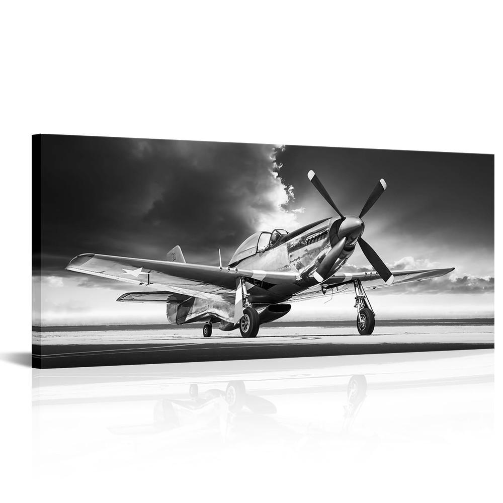 Black and White Plane Canvas Wall Art Vintege Aircraft Picture Print Giclee A...