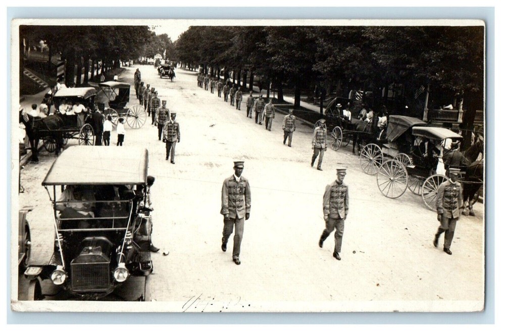 1913 Ohio Parade Vintage Photo Featuring Horse-Drawn Carriages, Uniforms, and Crowds RPPC Postcard