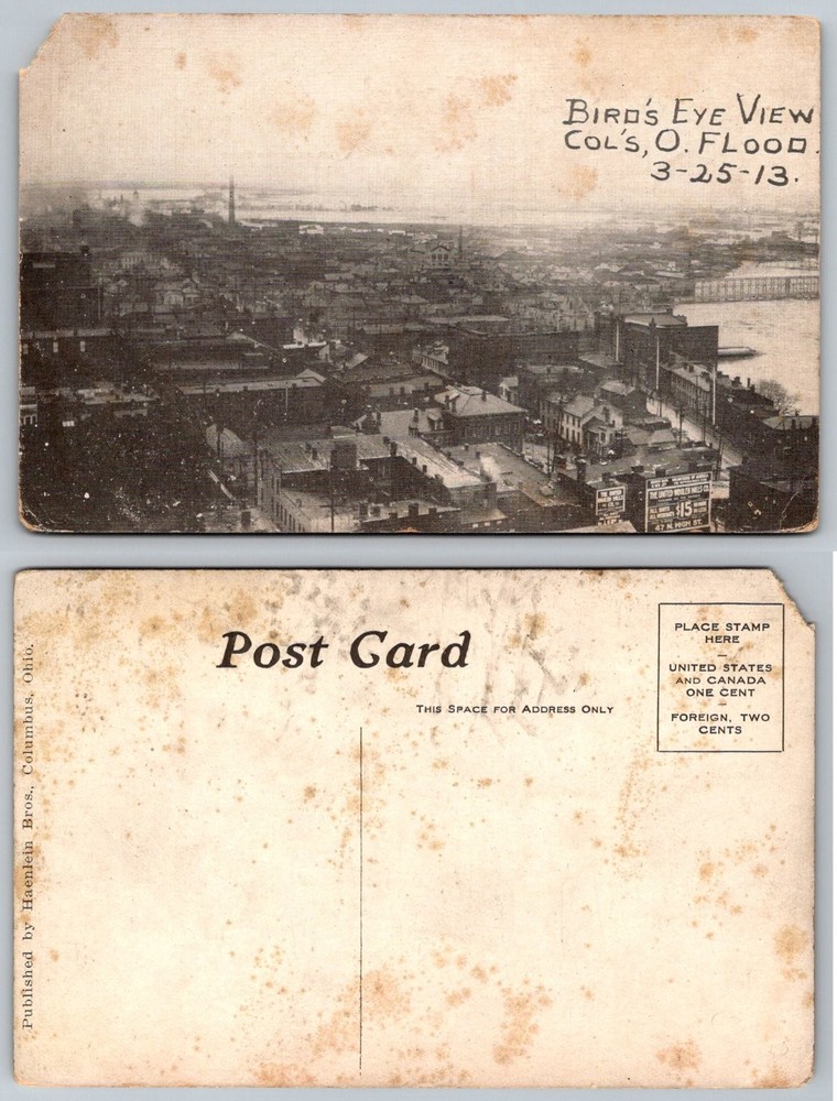 1913 Columbus Ohio Flood Bird's Eye View Postcard Vintage Haenlein Bros.