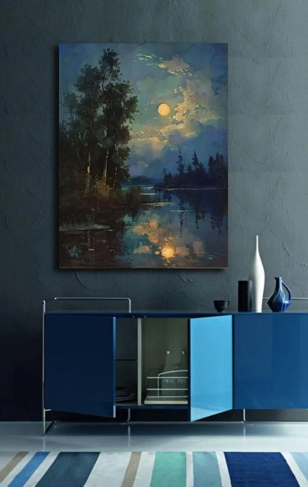 The Lakeside Golden Moon Night Paint Unframed Canvas Print Australian Wall Art