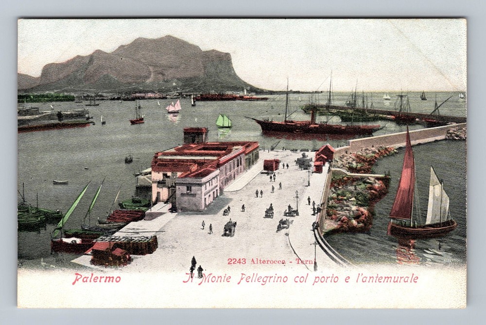 Italy- Palermo Sicily Mount Pellegrino Port Ships Postal Old Vintage Postcard