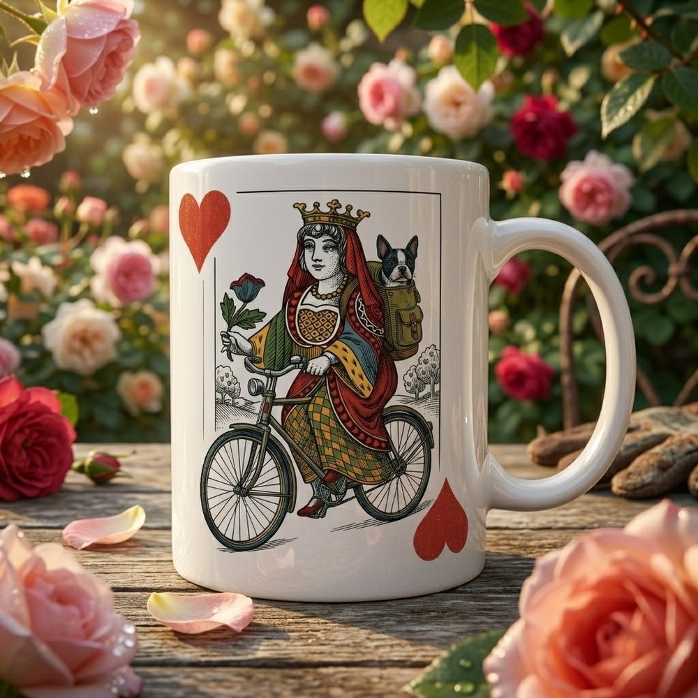 Boston Terrier Mug Queen of Hearts Playing Card Bicycle Dog Coffee Cup 11oz...