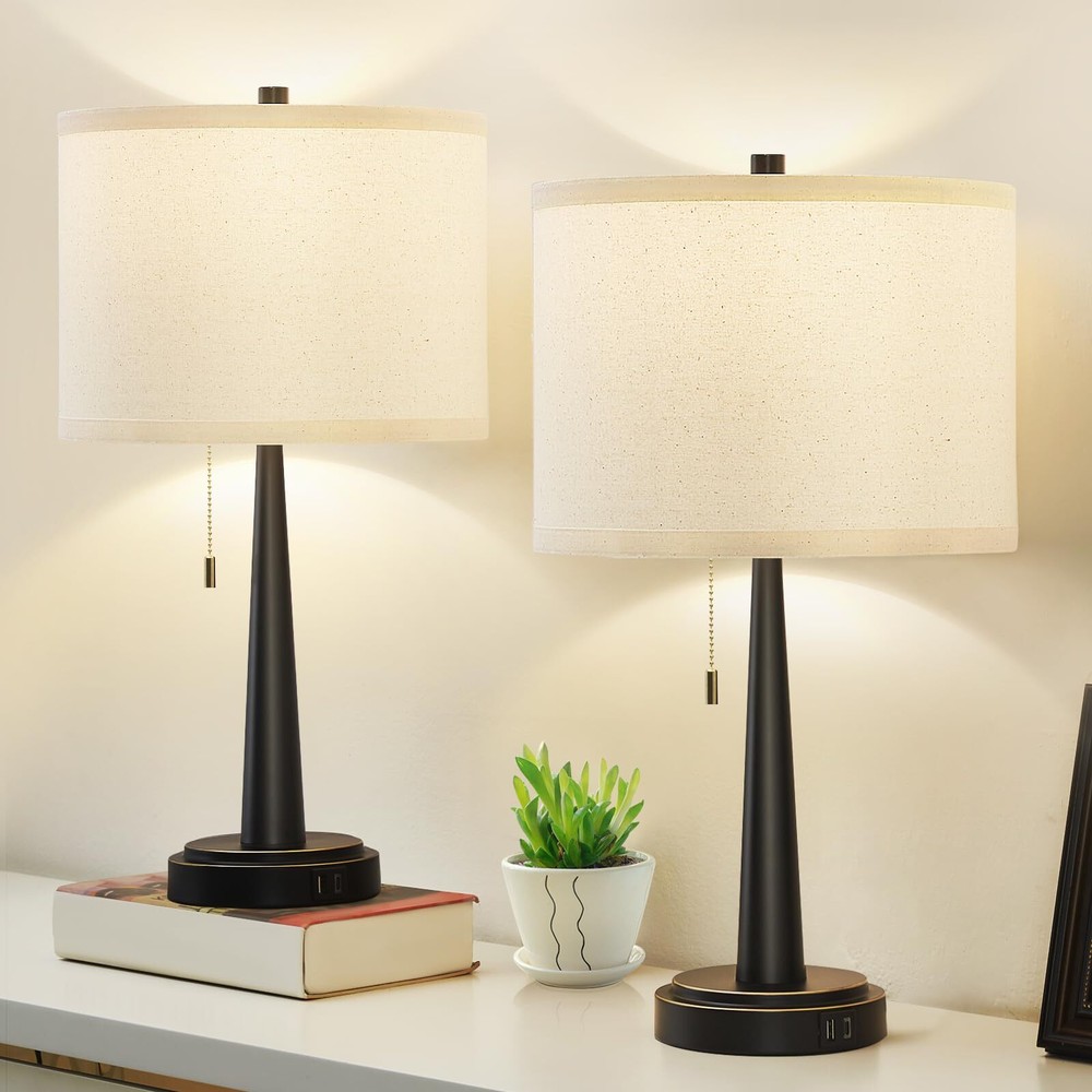 Table Lamp Set of 2, Beside Lamps with USB-C+A Nightstand Lamp with Pull Chai...