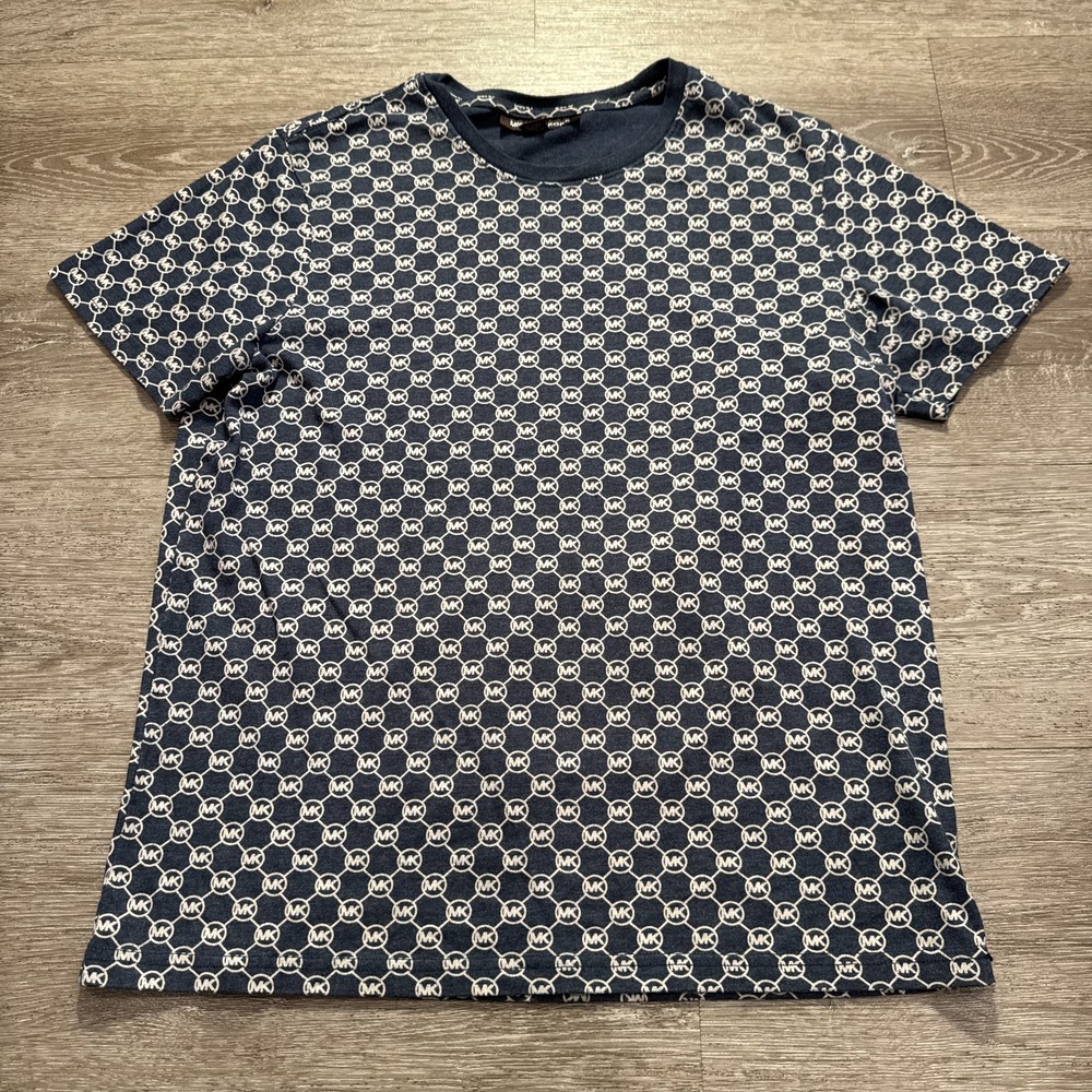 Michael Kors Shirt Mens Medium Blue Logo All Over Print Crew Neck Tee Casual