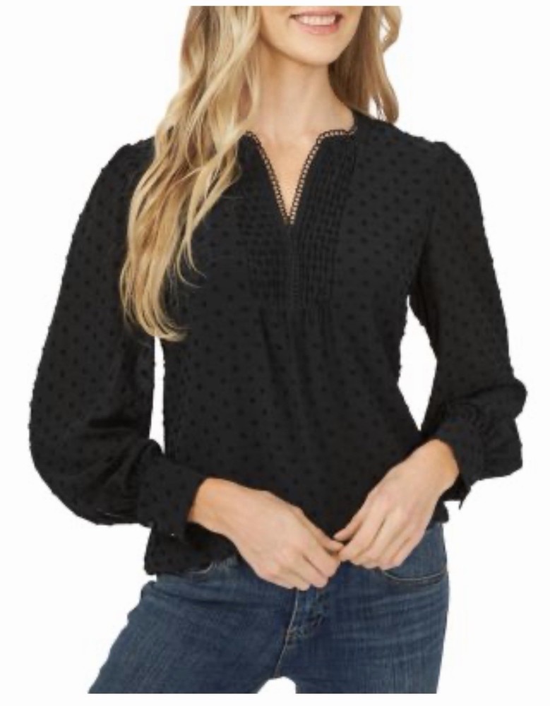 CeCe Women's V-Neck Long Sleeve Button Cuff Clip-Dot Black Blouse S Small