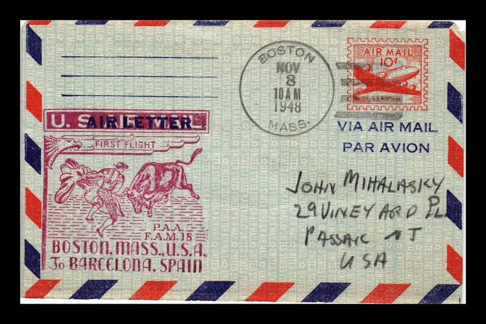 Dr Jim Stamps Us Cover First Air Mail Flight Fam 18 Boston To Barcelona Spain