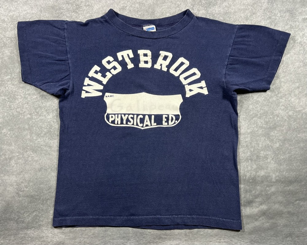 Vintage Champion Westbrook Physical Ed Kids Blue T-Shirt Size Small Blue Bar 70s