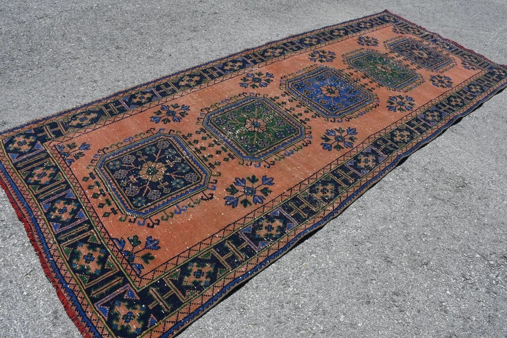 Turkish 4,3x11,1 ft Rug, Runner Vintage Rug, Orange Blue Moroccan Rug