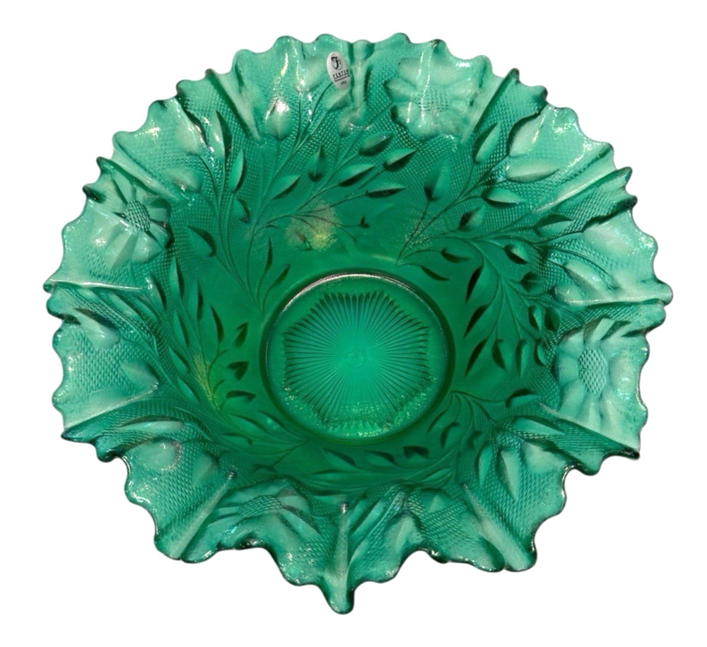 Vintage Fenton Ruffled Edge Bowl Art Frosted Glass Dark Emerald Green Marigold