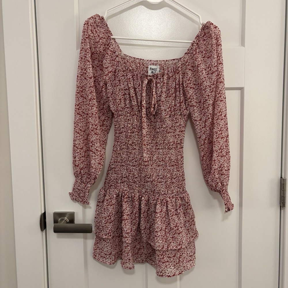 Women’s Princess Polly Smocked Long Sleeve Red And White Dress Size 0