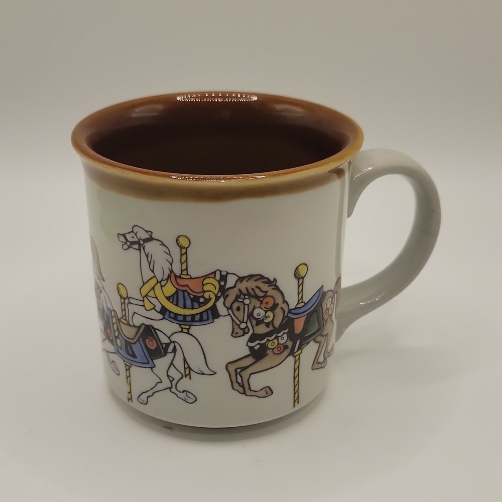 Otagiri Carousel Horse Ceramic Coffee Mug Brown Rim Vintage Multicolor Animals