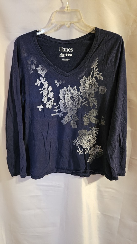 Womens Hanes Size XL Blue Floral V Neck Long Sleeve Top