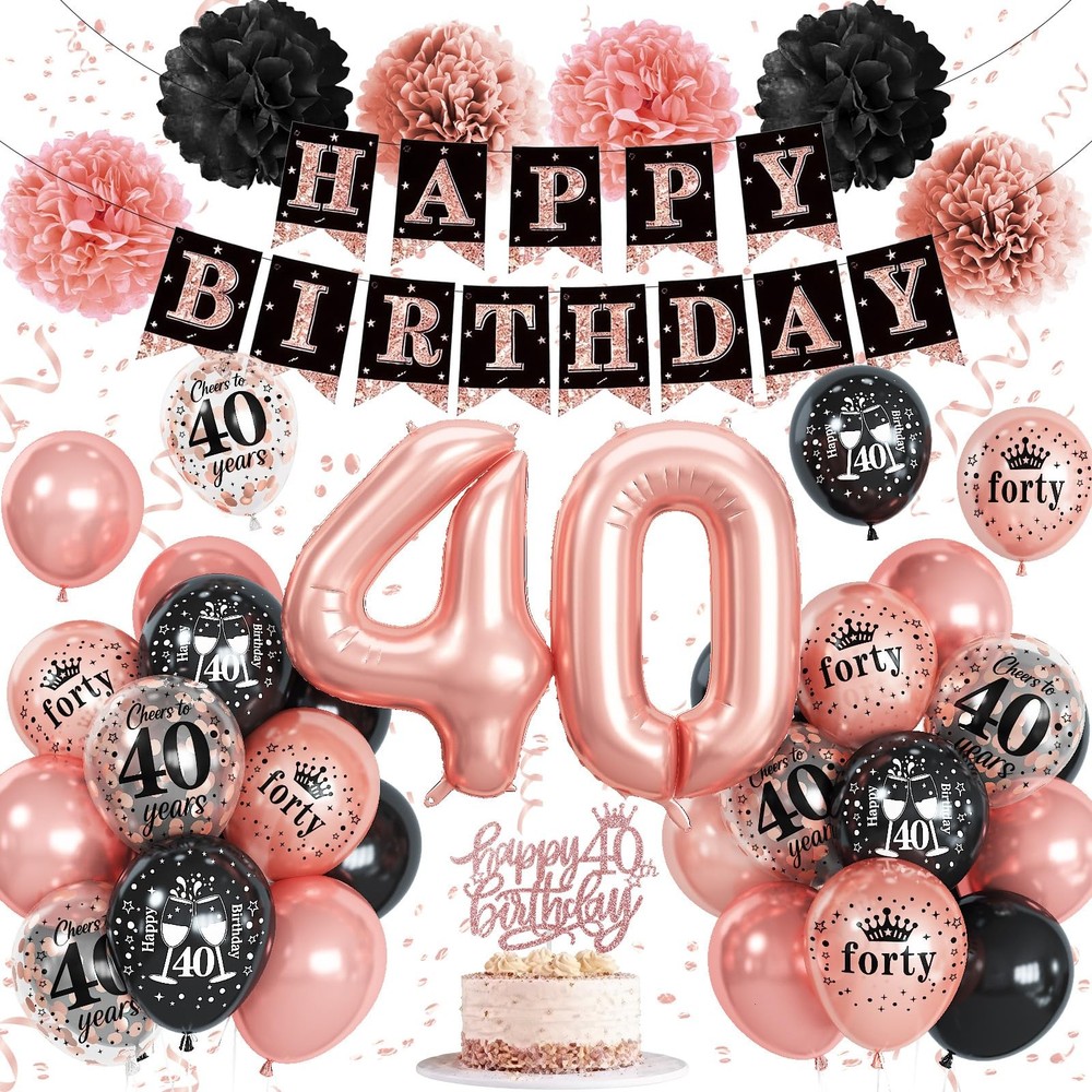 40th Birthday Decorations for Women, Rose Gold Black Confetti Latex Balloons ...