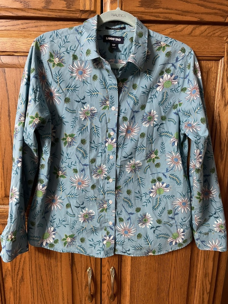 Lands End Women’s No Iron Supima Blue Floral Button Up Long Sleeve Shirt,  10 P