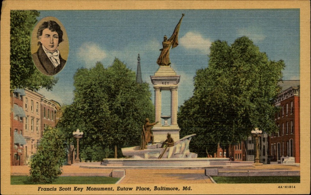 Baltimore Maryland ~ Eutaw Place ~ Francis Scott Key Monument ~ linen postcard