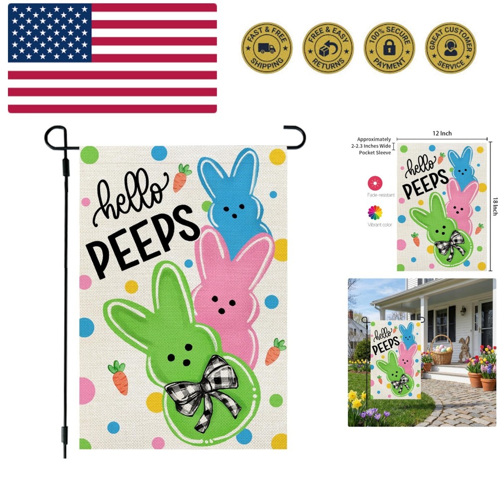 Easter Garden Flag Bunny Peeps 12x18 Inch Double Sided Holiday Decoration for...