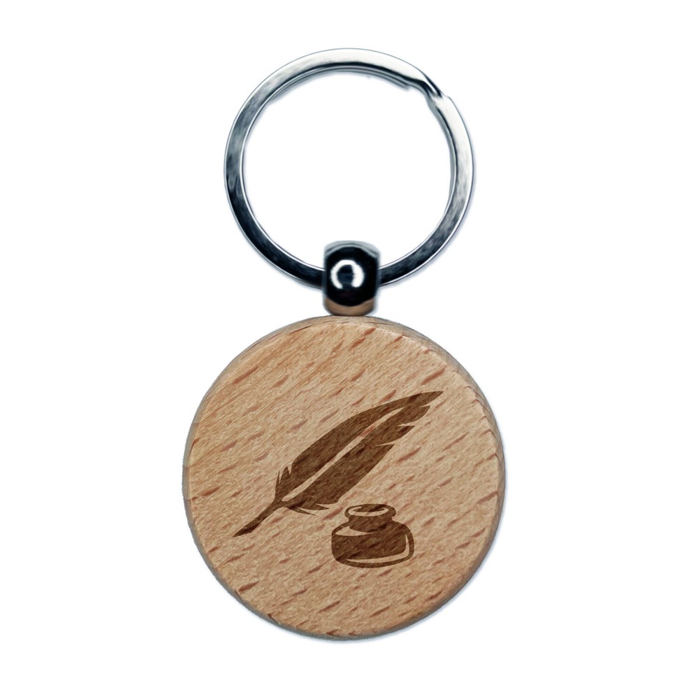 Quill Feather Pen and Ink Engraved Wood Round Keychain Tag Charm