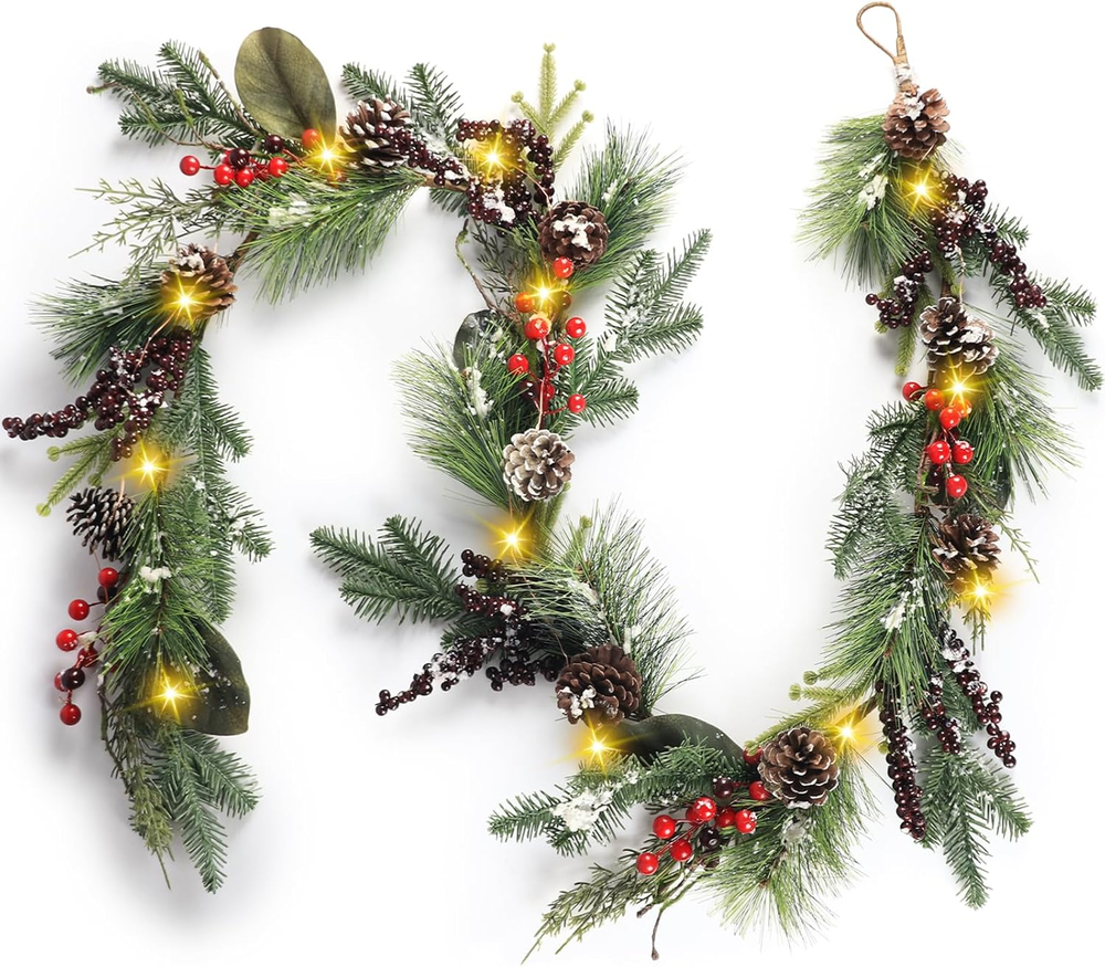 Christmas Garland, 6 Ft Christmas Garland with 30 Warm Lights, Green Artificial