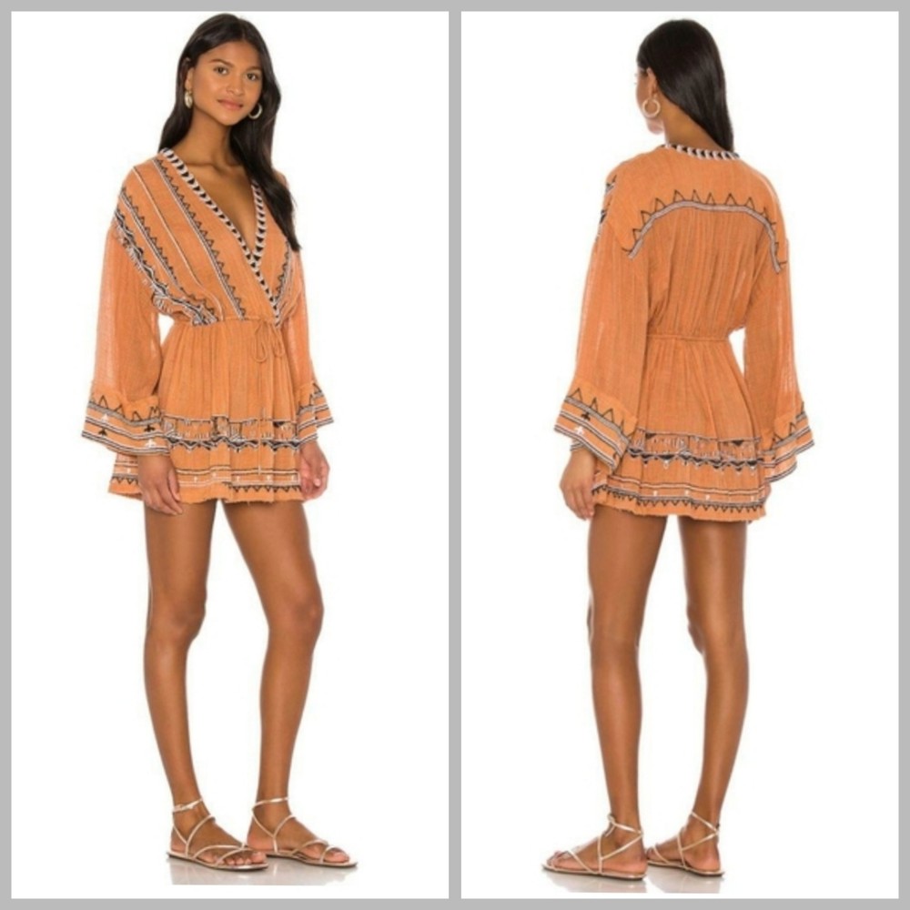 Saffron Embroidered Tunic Terracotta Hippie Bohemian Summer Beachy Bell Sleeves