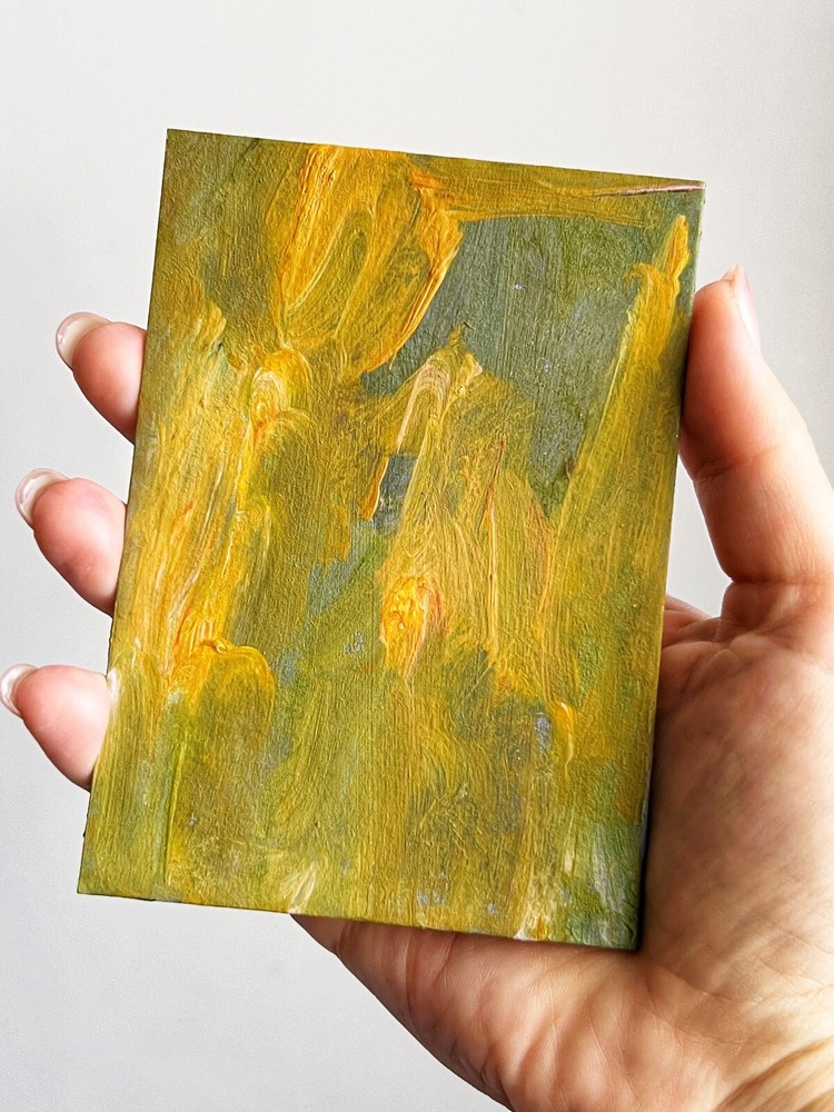 Small Abstract Acrylic Painting Green Yellow Gold Abstraction Art Minimalist Art