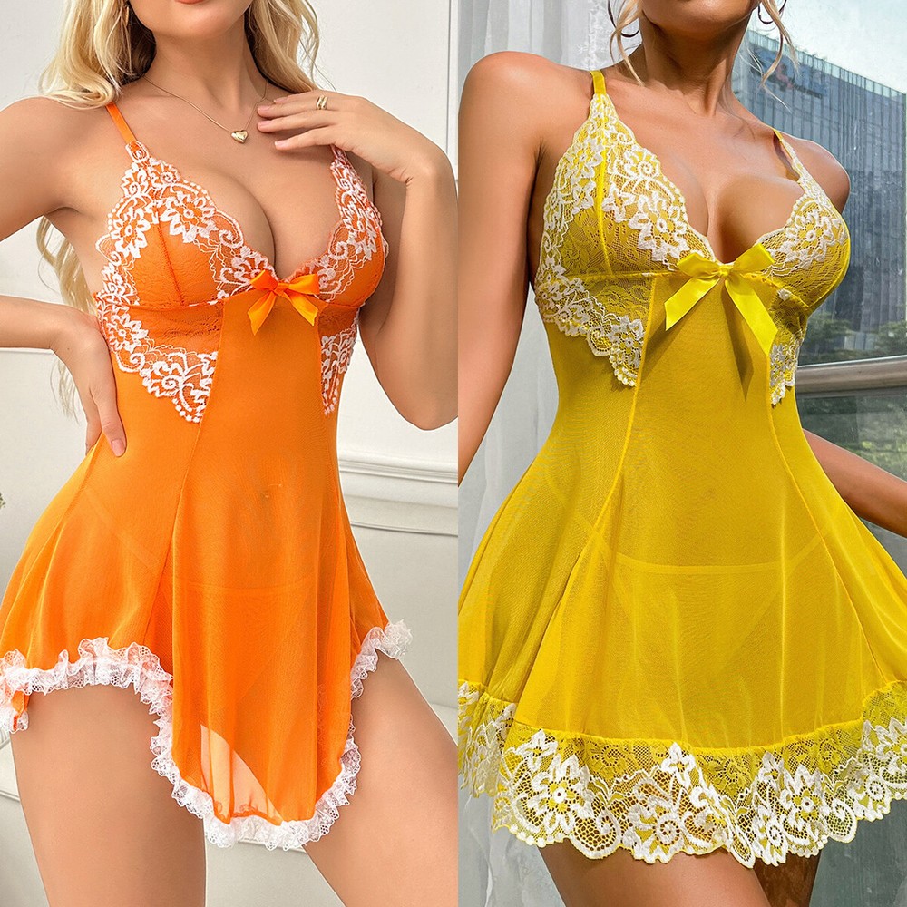 Sexy Womens Lingerie V-neck Babydoll Floral Sleepwear Lace Sheer Slip Dress Set