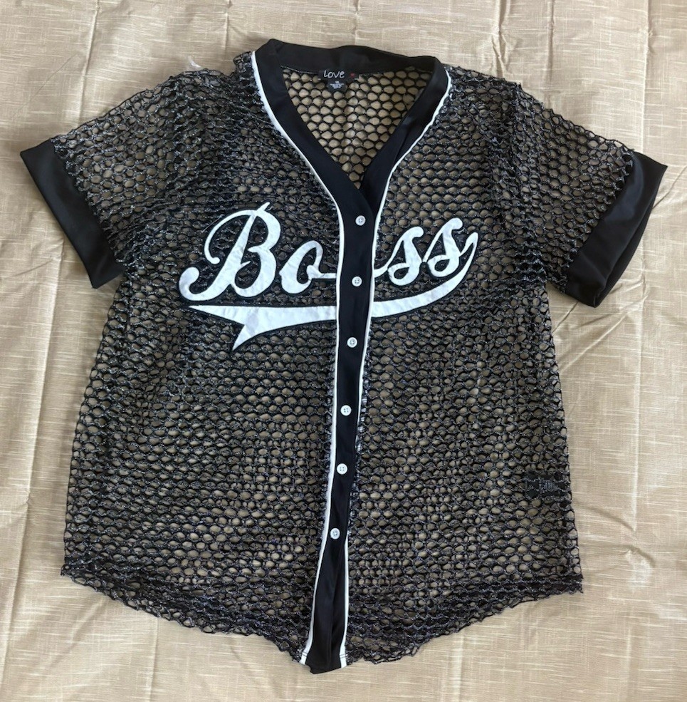 Women's Mesh Baseball Jersey “ Boss” Black Sheer Button Front Top Size 1X New
