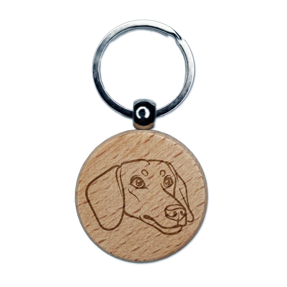 Dachshund Dog Head Engraved Wood Round Keychain Tag Charm