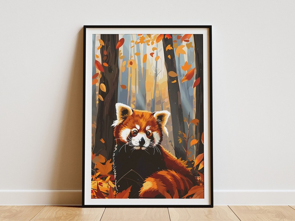 Red Panda In Autumn Forest Poster Wildlife Art Print Nature Animal Illustration