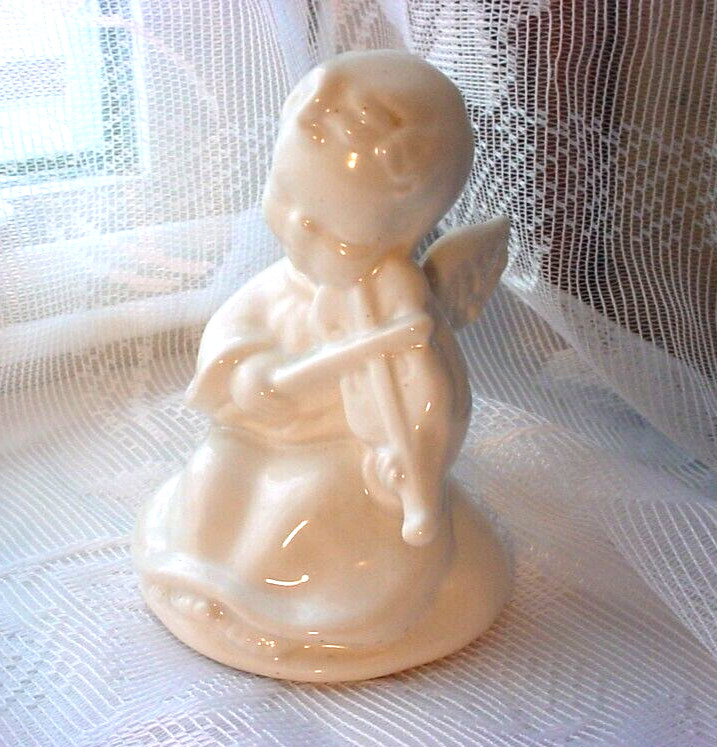 Vintage Baby Angel Plays Violin White Ceramic Figurine