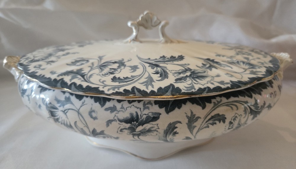 Antique Ophir Flow Blue Covered Dish W Hulme Burslem England Tureen Gold Trim