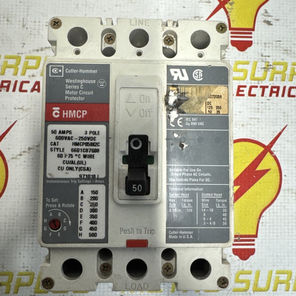 Eaton 50 Amp 600 VAC/250 VDC HMCP050K2C Circuit Breaker 3 Pole