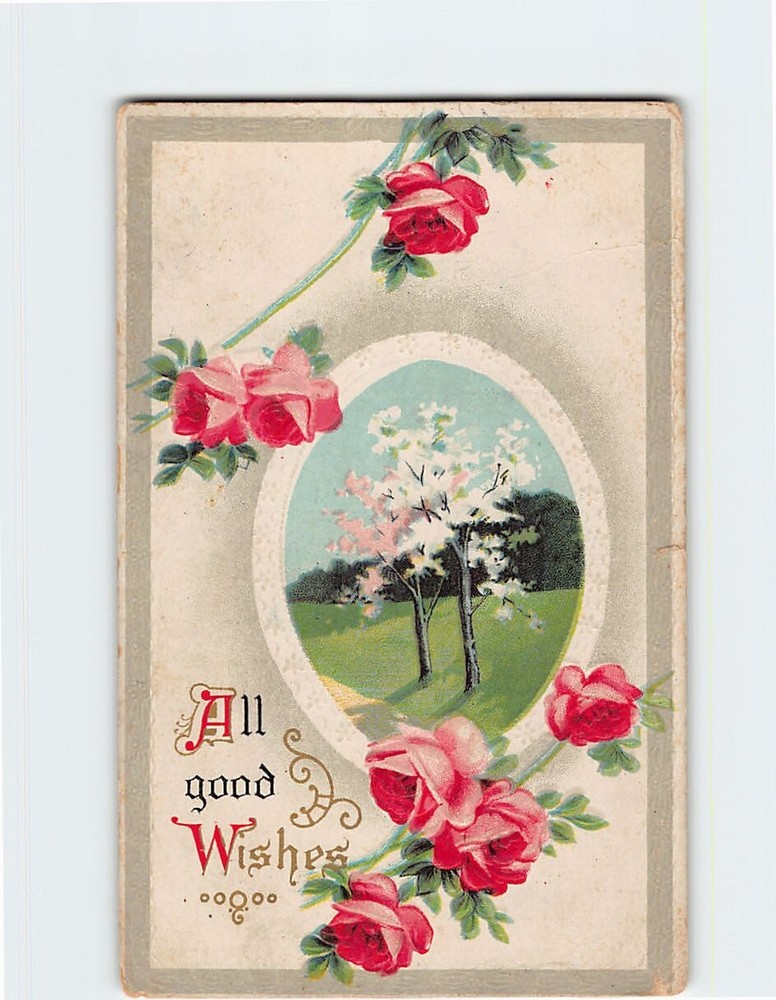 Postcard All Good Wishes Trees & Flower Art Print Embossed Card