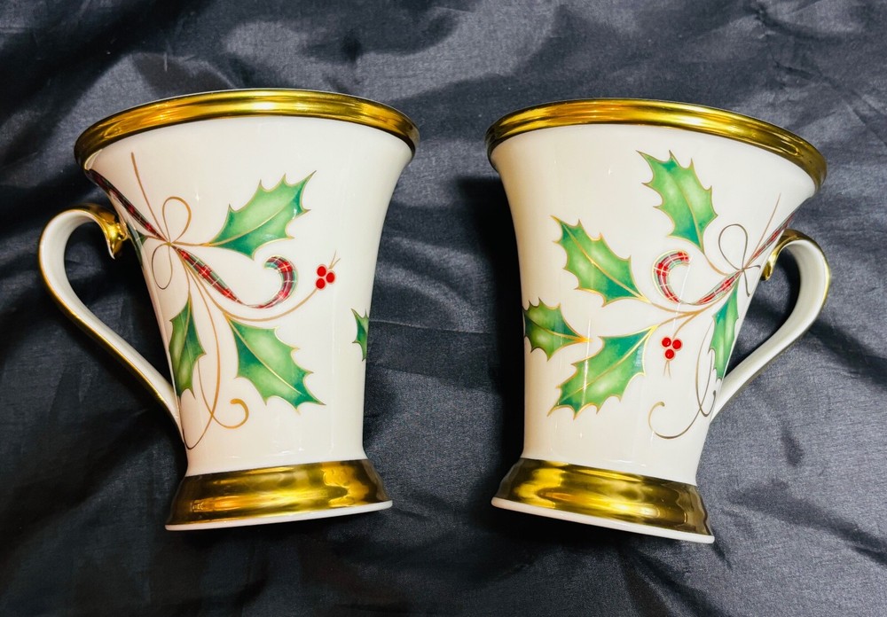 Pair of Lenox Holiday Nouveau Gold Trim Christmas Holly Accent Mugs 4 ⅝” Tall-image