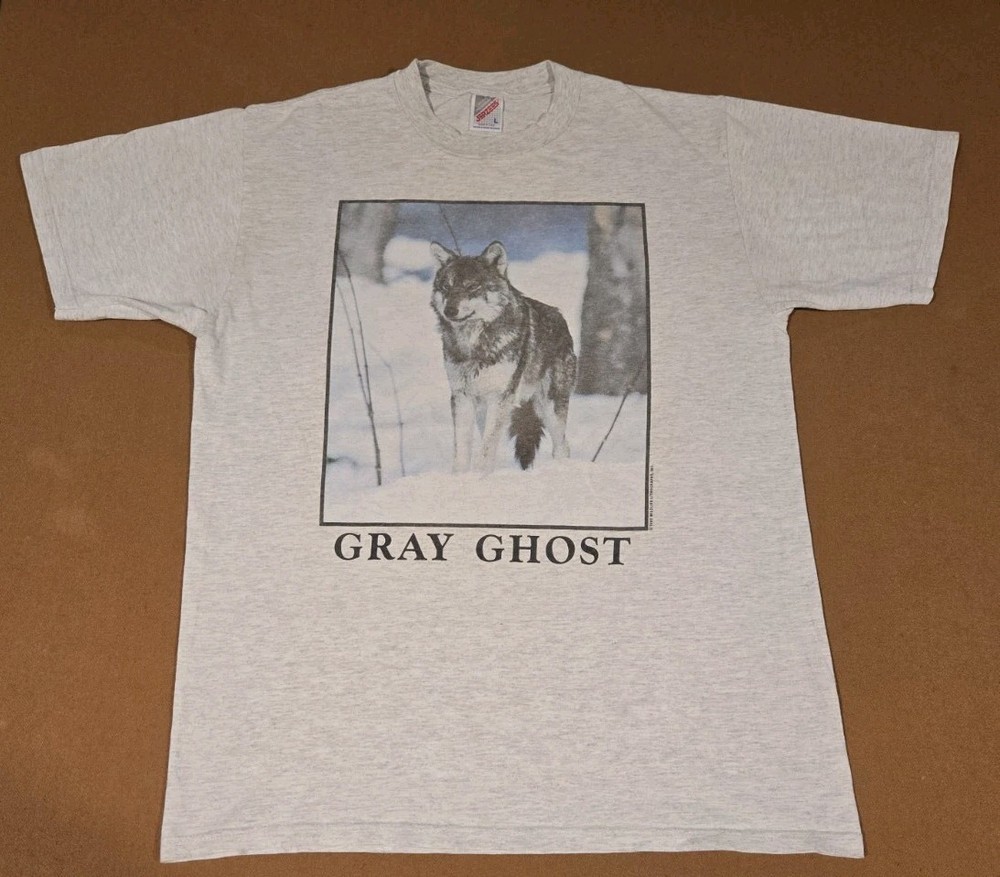 Vintage Gray Ghost Wolf Graphic T Shirt 1992 Size Medium Jerzees