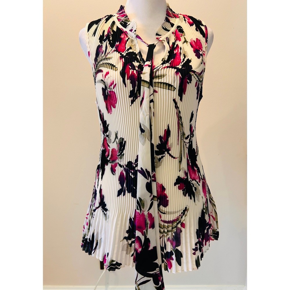 NWT DKNY Women's Pleated Floral Sleeveless Tie Neck Blouse Top