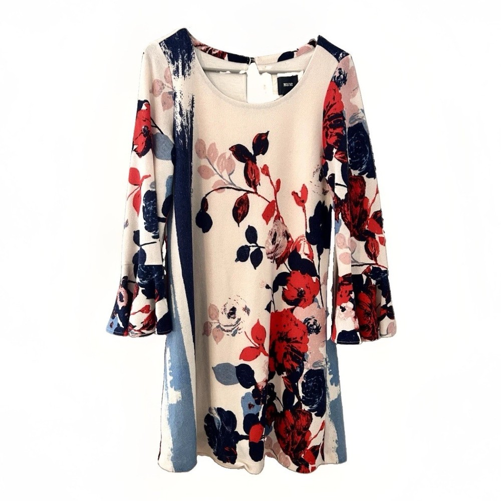 Maeve Anthropologie Women's Bell Sleeves Floral White Shift Sweater Dress Size M