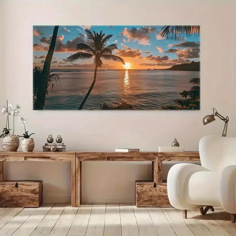Tropical Palm Tree Sunset Over Ocean Unframed Canvas Painting for Living