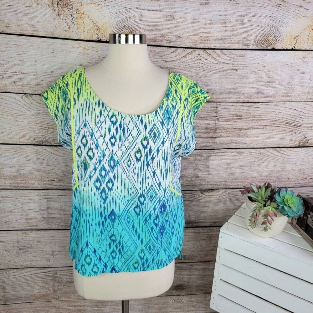 American Eagle Cap Sleeve Neon Geometric Blue Green Open Back Top Size Small
