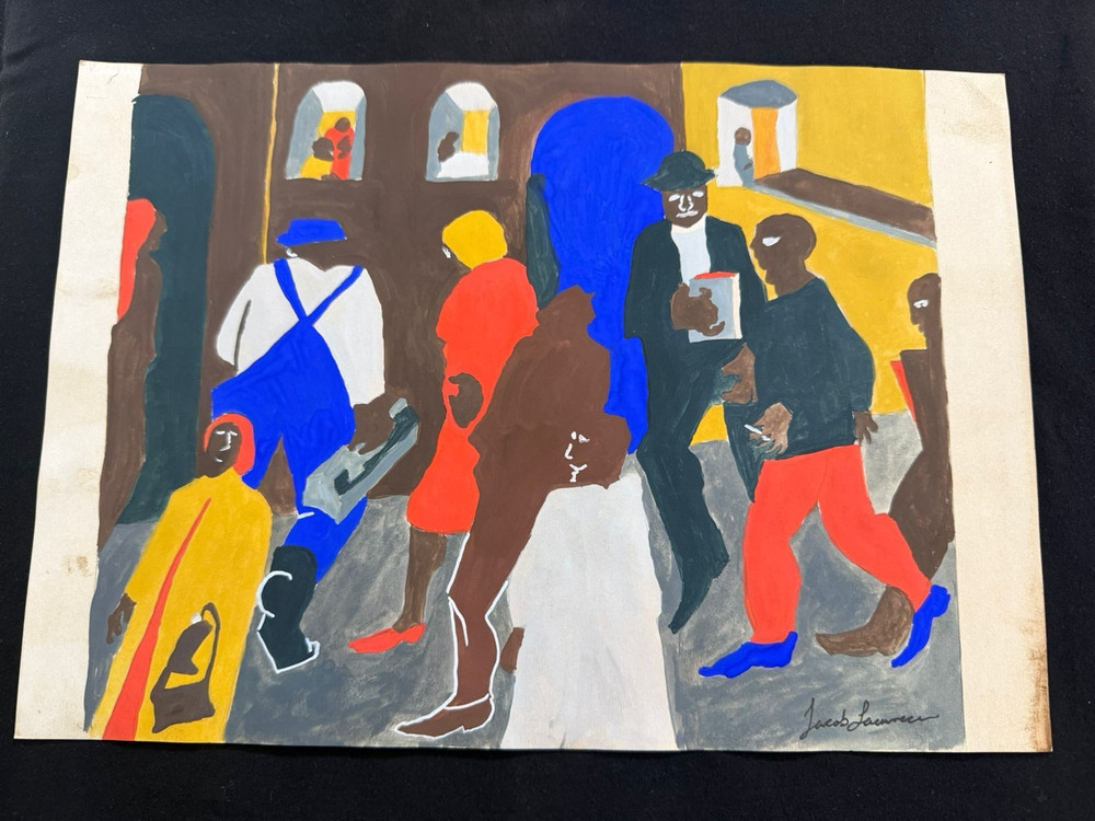 Jacob Lawrence painting drawing on old paper signed stamped