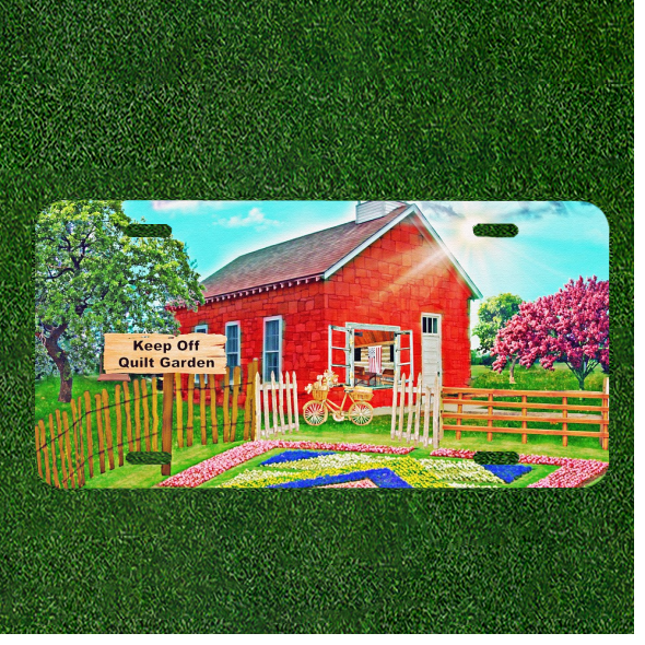 Custom Personalized License Plate Auto Tag With Red House Keep Off Quilt Garden