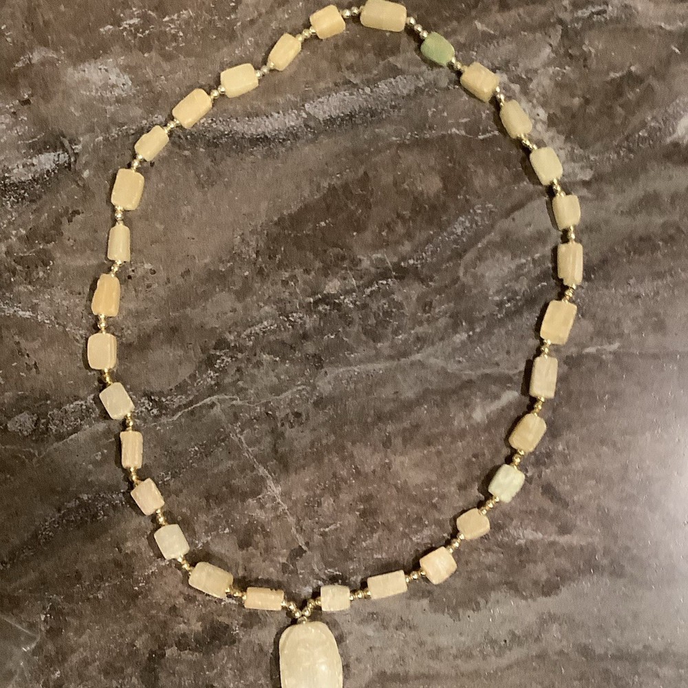 Vintage Egyptian Revival Beads Scarab Beetle Pendant Necklace Stone Hand Carved